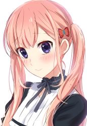 Rule 34 | 10s, 1girl, blush, bow, closed mouth, commentary request, detached collar, from side, grey ribbon, hair bow, highres, koi to uso, looking at viewer, looking to the side, neck ribbon, pink hair, purple eyes, red bow, ribbon, sanada ririna, sekina, simple background, solo, twintails, upper body, white background