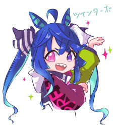 Rule 34 | 1girl, ahoge, animal ears, aqua hair, arm up, blue hair, bow, character name, cropped torso, crossed bangs, hair bow, hands up, heterochromia, hood, hoodie, horse ears, horse girl, long hair, long sleeves, looking at viewer, multicolored clothes, multicolored hair, multicolored hoodie, open mouth, opepe00, paw pose, pink eyes, protected link, purple eyes, sharp teeth, sidelocks, simple background, solo, sparkle, striped bow, teeth, twin turbo (umamusume), twintails, two-tone hair, umamusume, upper body, upper teeth only, white background