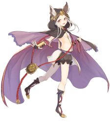 Rule 34 | 10s, 1girl, animal ears, boots, breasts, cloak, cross-laced footwear, dress, ears through headwear, fingerless gloves, from side, full body, gauntlets, gi (melmail), gloves, granblue fantasy, hood, hooded cloak, lace-up boots, long hair, looking at viewer, open mouth, outstretched arm, puffy shorts, red eyes, revealing clothes, scathacha (granblue fantasy), shorts, side slit, sideboob, simple background, small breasts, solo, standing, standing on one leg, white background, white hair