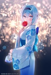 Rule 34 | 1girl, blue eyes, blue hair, blue kimono, blurry, blurry background, candy, candy apple, character request, commentary request, copyright notice, cowboy shot, eyes visible through hair, fireworks, fish, floral print, food, from side, goldfish, hair between eyes, hair ornament, hairband, highres, holding, holding candy, holding food, japanese clothes, kimono, lens flare, light blush, light particles, long sleeves, looking at viewer, mask, miwano rag, obi, parted lips, sash, short hair, snowflake hair ornament, solo, standing, wide sleeves, yukata