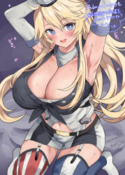 Rule 34 | 1girl, :d, american flag legwear, armpits, arms up, blonde hair, blue eyes, blush, breasts, cleavage, corset, front-tie top, garrison cap, hair between eyes, hat, highres, iowa (kancolle), kantai collection, kneeling, large breasts, long hair, looking at viewer, midriff peek, miniskirt, mizuta kenji, navel, open mouth, skirt, smile, solo, sparkling eyes, speech bubble, striped clothes, striped skirt, striped thighhighs, sweat, thighhighs, translation request, vertical-striped clothes, vertical-striped skirt, vertical-striped thighhighs, white corset, white sleeves