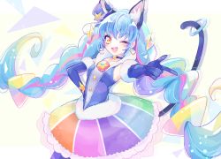 Rule 34 | 1girl, ;d, animal ears, blue cat (precure), blue choker, blue gloves, blue hair, cat ears, cat tail, choker, cure cosmo, earrings, gloves, hand on own hip, hat, jewelry, long hair, looking at viewer, magical girl, mini hat, multicolored clothes, multicolored skirt, one eye closed, open mouth, orange eyes, precure, skirt, smile, solo, spoilers, star twinkle precure, suyamii, tail, twintails, very long hair