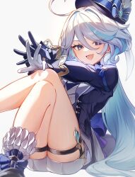 Rule 34 | 1girl, :d, ahoge, blue eyes, blue gloves, blue hair, blue headwear, blue jacket, colored inner hair, commentary request, crossed legs, furina (genshin impact), genshin impact, gloves, grey background, highres, jacket, knees up, long hair, long sleeves, looking at viewer, mochimiya (coyo), multicolored hair, open mouth, short shorts, shorts, sitting, smile, solo, thigh strap, thighs, very long hair, white gloves, white hair, white shorts