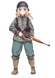 Rule 34 | 1girl, blonde hair, boots, camouflage, camouflage headwear, camouflage jacket, closed mouth, company of heroes, full body, gewehr 43, green eyes, green footwear, green pants, gun, hat, holding, holding gun, holding weapon, jacket, long hair, looking at viewer, military, military hat, military jacket, military uniform, original, pants, panzerfusilier (company of heroes), rifle, simple background, solo, transparent background, trigger discipline, uniform, weapon, white background, zhainan s-jun