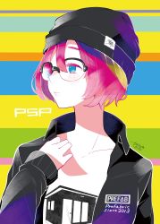 Rule 34 | 1girl, absurdres, beanie, black hat, blue eyes, closed mouth, colored eyelashes, female focus, glasses, hat, highres, kyougetsu (junrai), multicolored background, original, pink hair, semi-rimless eyewear, short hair, solo, striped, striped background, upper body