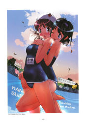 Rule 34 | 2004, 2girls, :o, autumn leaves, barefoot, between legs, black hair, blue eyes, blue one-piece swimsuit, blush, competition swimsuit, crowd, dated, day, goggles, goggles on head, highres, multiple girls, one-piece swimsuit, one eye closed, orange eyes, outdoors, short hair, swim cap, swimsuit, wet, wristband, yoshizaki mine, yuri