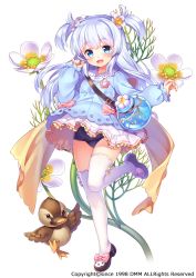 Rule 34 | 1girl, :d, baikamo (flower knight girl), bird, black footwear, blue eyes, blue hair, blue shirt, blue skirt, bow, flower, flower knight girl, full body, hair flower, hair ornament, jug (bottle), long hair, looking at viewer, name connection, object namesake, official art, open mouth, pink bow, school swimsuit, shirt, shoes, shouni (sato3), skirt, smile, solo, standing, standing on one leg, swimsuit, swimsuit under clothes, thighhighs, two side up, white background, white thighhighs