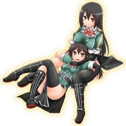 Rule 34 | 10s, 2girls, ass, belt, black footwear, black gloves, black hair, black legwear, boots, bow, breast rest, breasts, brown eyes, censored, chikuma (kancolle), convenient censoring, elbow gloves, gloves, hair ribbon, highres, kantai collection, knee boots, lap pillow, large breasts, long hair, lying on lap, multiple girls, no panties, open mouth, pelvic curtain, ribbon, shirt, short sleeves, side slit, single elbow glove, sitting, skirt, small breasts, smile, spread legs, thighhighs, tone (kancolle), very long hair, yoshi tama, zettai ryouiki