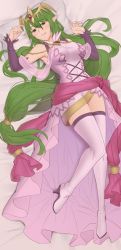Rule 34 | 1girl, boots, dress, ebinku, fire emblem, fire emblem: mystery of the emblem, green eyes, green hair, highres, jewelry, long hair, looking at viewer, lying, nagi (fire emblem), necklace, nintendo, on back, pink dress, pink sash, pointy ears, purple sleeves, sash, thigh boots, thighhighs, very long hair, white footwear
