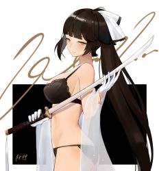 Rule 34 | 1girl, ass, azur lane, bare shoulders, black bra, black panties, blunt bangs, blush, bra, breasts, bright pupils, brown hair, closed mouth, cowboy shot, expressionless, from side, gloves, hair ribbon, half-closed eyes, high ponytail, highres, holding, holding sword, holding weapon, large breasts, long hair, looking at viewer, looking to the side, panties, ponytail, ribbon, see-through, shawl, sideboob, signature, solo, standing, straight hair, sword, takao (azur lane), tsurime, two-tone background, underwear, underwear only, very long hair, weapon, white gloves, white ribbon, yellow eyes, yueguang zhanglang