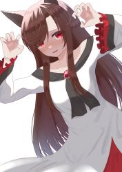 Rule 34 | 1girl, absurdres, anima miko, animal ears, blush, brooch, brown hair, claw pose, dress, dutch angle, embarrassed, highres, imaizumi kagerou, jewelry, long hair, long sleeves, off-shoulder dress, off shoulder, open mouth, red eyes, simple background, tail, touhou, very long hair, white background, white dress, wolf ears, wolf tail