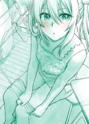 Rule 34 | 1girl, :o, bare shoulders, blush, bow, camisole, chair, clothes pull, commentary request, dressing, from above, green theme, hair between eyes, hair bow, highres, holding, indoors, jewelry, kantai collection, laundry, looking at viewer, monochrome, pantyhose, pantyhose pull, pulling own clothes, ring, sitting, solo, spot color, table, tone (kancolle), towel, twintails, wedding band, yami (m31)
