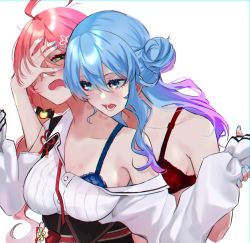 Rule 34 | 2girls, ahoge, aqua hair, aqua nails, bite mark, blue bra, blue eyes, bra, breasts, flower, gradient hair, green eyes, hair between eyes, hair bun, hair flower, hair ornament, half-closed eyes, hand on another&#039;s face, highres, holding another&#039;s wrist, hololive, hoshimachi suisei, large breasts, long sleeves, looking at another, multicolored hair, multiple girls, nail polish, off shoulder, pink hair, purple hair, red bra, saco (cgmore), sakura miko, sakura miko (casual), shirt, simple background, single hair bun, single side bun, twintails, underwear, virtual youtuber, white background, white shirt, yuri