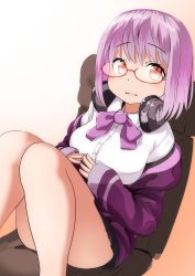 Rule 34 | 10s, 1girl, black skirt, bow, brown background, chair, closed mouth, collared shirt, commentary request, dress shirt, fingernails, fingers together, gradient background, gridman universe, headphones, headphones around neck, highres, jacket, kagarimachi konatsu, knees up, long sleeves, off shoulder, office chair, on chair, pink hair, pleated skirt, purple bow, purple jacket, red-framed eyewear, red eyes, semi-rimless eyewear, shinjou akane, shirt, sitting, skirt, sleeves past wrists, smile, solo, ssss.gridman, swivel chair, under-rim eyewear, white background, white shirt