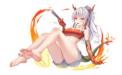 Rule 34 | 1girl, absurdres, arknights, barefoot, dragon tail, feet, fire, highres, horns, long hair, looking at viewer, nian (arknights), open mouth, pointy ears, ponytail, purple eyes, shorts, silver hair, soles, tail, toes, tongue, tongue out