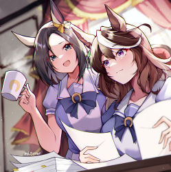 Rule 34 | 2girls, air groove (umamusume), animal ears, artist name, blurry, blurry background, blush, brown hair, closed mouth, curtains, grey eyes, highres, horse ears, indoors, long hair, looking at another, medium hair, misoni (mi so ni t), multicolored hair, multiple girls, open mouth, paper, parted lips, puffy short sleeves, puffy sleeves, purple eyes, purple shirt, sailor collar, school uniform, shirt, short hair, short sleeves, sitting, smile, standing, steam, streaked hair, symboli rudolf (umamusume), table, tracen school uniform, umamusume