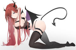 Rule 34 | 1girl, absurdres, adapted costume, all fours, arknights, bare shoulders, bikini, black bikini, black thighhighs, breasts, cleavage, collarbone, curryzcy, demon girl, demon horns, demon tail, demon wings, full body, hand in own hair, highres, horns, large breasts, long hair, looking at viewer, navel, no shoes, parted lips, purple eyes, red hair, simple background, skindentation, smile, solo, surtr (arknights), swimsuit, tail, thigh strap, thighhighs, very long hair, white background, wings