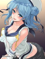 Rule 34 | 1girl, blue eyes, blue hair, blush, breasts, cleavage, collarbone, double bun, elbow gloves, gloves, gradient background, hair bun, hat, kantai collection, large breasts, looking at viewer, naughty face, neckerchief, pleated skirt, sailor hat, school uniform, serafuku, skirt, smile, unbuttoning, undressing, urakaze (kancolle), yellow neckerchief, youmou usagi