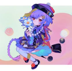 Rule 34 | 1girl, absurdres, bead necklace, beads, black nails, braid, braided ponytail, closed mouth, coin hair ornament, commentary, dress, flower, full body, genshin impact, gradient hair, hair between eyes, hair ornament, hat, highres, holding, holding flower, jewelry, long hair, long sleeves, multicolored hair, nail polish, necklace, ofuda, pink eyes, pink hair, pom pom (clothes), purple hair, qingdai guanmao, qiqi (genshin impact), simple background, solo, thighhighs, very long hair, vision (genshin impact), white thighhighs, wide sleeves, yagita (astronomie), yin yang