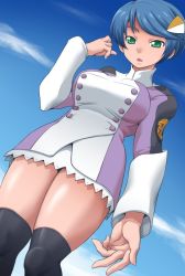 Rule 34 | 1girl, black thighhighs, blue hair, blue sky, breasts, cloud, curvy, gachon jirou, green eyes, hair ornament, hairclip, large breasts, looking at viewer, open mouth, scheris adjani, scryed, short hair, skirt, sky, solo, thighhighs, uniform