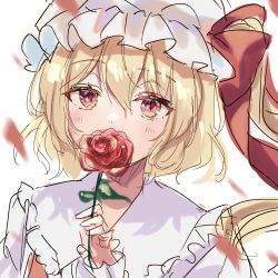 Rule 34 | 1girl, blonde hair, blush, flandre scarlet, flower, frilled shirt collar, frills, hair between eyes, hat, hat ribbon, highres, holding, holding flower, looking at viewer, mob cap, motion blur, red eyes, red flower, red ribbon, red rose, ribbon, rose, shirt, simple background, solo, touhou, upper body, usushio, vest, white background, white hat, white shirt, wings