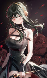 Rule 34 | 1girl, bare shoulders, black dress, black gloves, black hair, black thighhighs, breasts, cleavage, dagger, dress, duplicate, emyo, fingerless gloves, floral background, flower, gloves, gold hairband, hair flower, hair ornament, hairband, highres, knife, large breasts, long hair, looking at viewer, pixel-perfect duplicate, red eyes, rose, sidelocks, solo, spy x family, thighhighs, thighs, two-sided dress, two-sided fabric, weapon, yor briar