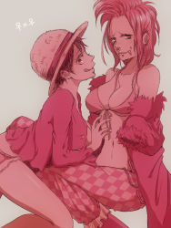 Rule 34 | 2girls, :q, bad id, bad pixiv id, bartolomeo, bikini, bikini top only, blush, breasts, cleavage, female focus, genderswap, genderswap (mtf), hat, large breasts, luffyko, monochrome, multiple girls, nashimo (drz n), nose piercing, nose ring, one piece, piercing, shorts, simple background, swimsuit, teeth, tongue, tongue out, yuri