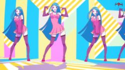 Rule 34 | 1girl, 6+girls, animated, animated gif, blue hair, breasts, dancing, large breasts, long hair, looking at viewer, me!me!me!, meme (me!me!me!), multiple girls, open mouth, purple eyes, skirt, smile, thighhighs, very long hair, zettai ryouiki