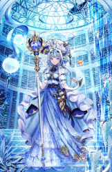 Rule 34 | 1girl, arch, bare shoulders, blue cape, blue dress, blue eyes, blue hair, blue ribbon, blue theme, book, bookshelf, breasts, cape, closed mouth, commentary, coral, detached sleeves, dress, flower, fountain, frills, full body, gem, gloves, hair ribbon, hairband, halo, hat, hat flower, hat ornament, highres, holding, holding book, holding staff, immersed, indoors, layered dress, library, long hair, looking at viewer, mitsunari miyako, orb, original, plant, railing, ribbon, sash, seaweed, small breasts, smile, solo, staff, stairs, standing, water, white gloves