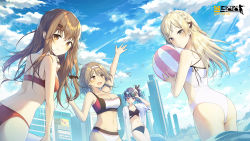 Rule 34 | 4girls, :d, adjusting eyewear, arm up, ass, back, ball, bare arms, bare shoulders, beachball, bikini, bird, black bikini, blonde hair, blue sky, blush, braid, breasts, brown eyes, brown hair, building, casual one-piece swimsuit, character request, city, cleavage, closed mouth, cloud, collarbone, commentary request, copyright name, crown braid, day, eyewear on head, girls&#039; frontline, hairband, hand on eyewear, heterochromia, highres, holding, holding ball, innertube, korean commentary, large breasts, long hair, looking at viewer, multicolored bikini, multicolored clothes, multiple girls, navel, one-piece swimsuit, open clothes, open mouth, open shirt, outdoors, parted lips, pink eyes, ponytail, purple hair, red bikini, shirt, short sleeves, sky, small breasts, smile, stomach, sunglasses, swim ring, swimsuit, v-shaped eyebrows, white hairband, white one-piece swimsuit, white shirt, yampa