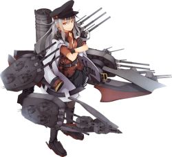 Rule 34 | 10s, 1girl, boots, brown eyes, crossed arms, full body, gangut (kancolle), gangut dva (kancolle), gloves, grey hair, hat, jacket, jacket on shoulders, kantai collection, machinery, miniskirt, official art, open clothes, open collar, open jacket, pantyhose, pleated skirt, skirt, solo, transparent background, turret, yadokari (migihashi)
