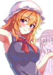 Rule 34 | 2girls, absurdres, adapted costume, armpits, blonde hair, blush, blush stickers, brown eyes, collared dress, commentary, dress, hair between eyes, hands on own cheeks, hands on own face, hat, hat ribbon, highres, kosaka sakasa, looking at viewer, maribel hearn, medium hair, mob cap, multiple girls, neck ribbon, necktie, one-hour drawing challenge, pout, purple dress, purple eyes, red ribbon, ribbon, sleeveless, sleeveless dress, smile, solo focus, touhou, upper body, usami renko, white background, white headwear