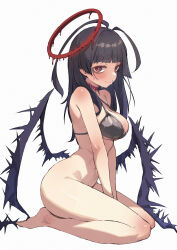 Rule 34 | 1girl, ahoge, antenna hair, asakuraki, bags under eyes, bare arms, bare legs, bare shoulders, barefoot, between legs, bikini, black bikini, black hair, blood, blood halo, blue archive, blush, bottomless, breasts, cleavage, closed mouth, halo, highres, liquid halo, long hair, looking at viewer, medium breasts, melting halo, navel, official alternate costume, red eyes, red halo, simple background, sitting, smile, solo, swimsuit, tsurugi (blue archive), tsurugi (swimsuit) (blue archive), white background