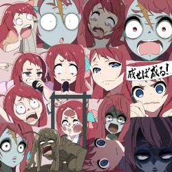 Rule 34 | 10s, 1girl, against glass, against window, ahoge, blank eyes, blue eyes, bow, cheek squash, collage, commentary request, expressions, hair bow, highres, kumata (kuma no eki), long hair, microphone, minamoto sakura, mud, open mouth, red hair, rolling eyes, scar, scar on face, scar on forehead, scowl, solo, tongue, tongue out, zombie, zombie land saga