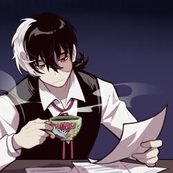 Rule 34 | 1boy, black hair, black jack (character), black jack (series), black vest, blue background, character print, closed mouth, collared shirt, cup, elbow on table, hair between eyes, highres, holding, holding cup, holding paper, light smile, long sleeves, looking down, male focus, multicolored hair, neck ribbon, orange eyes, paper, patchwork skin, reading, red ribbon, ribbon, scar, scar on face, shirt, short hair, simple background, solo, split-color hair, steam, table, teacup, tian niunai hezi, two-tone hair, unico, unico (character), vest, white hair, white shirt