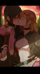 Rule 34 | 1boy, 1girl, alternate universe, blush, breasts, brown hair, cleavage, dishwasher1910, closed eyes, glasses, hetero, highres, husband and wife, jewelry, kiss, lie ren, nora valkyrie, aged up, orange hair, ornate ring, ring, rwby, surprised, wedding ring