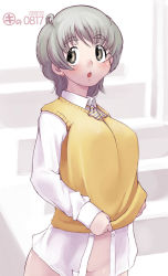 Rule 34 | 1girl, blush, bottomless, breasts, cowboy shot, dated, huge breasts, kei jiei, open mouth, short hair, solo, sweater vest