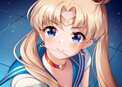 Rule 34 | 1girl, bishoujo senshi sailor moon, blonde hair, blue eyes, blue sailor collar, blush, choker, circlet, commentary, derivative work, heart, heart choker, light particles, long hair, looking at viewer, meme, parted lips, red choker, sailor collar, sailor moon, sailor moon redraw challenge (meme), solo, squchan, symbol-only commentary, tsukino usagi, twintails, upper body