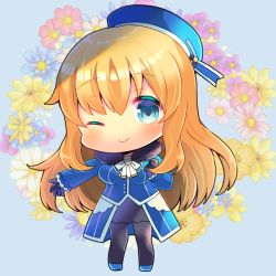 Rule 34 | 1girl, ;), atago (kancolle), beret, black gloves, black pantyhose, black skirt, blonde hair, blue background, blue eyes, blue footwear, blue hat, blue jacket, blush, bow, breasts, chibi, closed mouth, floral background, full body, gloves, hair between eyes, hat, jacket, kantai collection, kou hiyoyo, long sleeves, looking at viewer, medium breasts, one eye closed, pantyhose, puffy long sleeves, puffy sleeves, shoes, simple background, skirt, sleeves past wrists, smile, solo, standing, tilted headwear, white bow