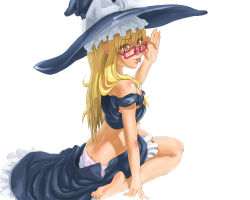 Rule 34 | 1girl, :p, barefoot, bespectacled, blonde hair, face, feet, female focus, glasses, hat, jumpjump, kirisame marisa, long hair, open clothes, open skirt, panties, sitting, skirt, solo, strap slip, tongue, tongue out, touhou, underwear, wariza, witch, witch hat, yellow eyes