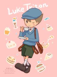 Rule 34 | 1boy, abarenbou bifun, absurdres, bag, blue hat, blue sweater, blush, brown bag, brown footwear, brown hair, burger, cabbie hat, cake, cake slice, candy, character name, closed mouth, collared shirt, commentary, crepe, cup, food, french fries, full body, green shorts, hand up, hat, highres, holding, holding cup, holding saucer, long sleeves, looking at viewer, luke triton, male focus, one eye closed, pancake, pink background, pizza, professor layton, pudding, saucer, shirt, shoes, short hair, shorts, shoulder bag, smile, socks, solo, spoon, standing, suspenders hanging, sweater, symbol-only commentary, teacup, twitter username, white shirt, white socks