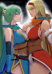 Rule 34 | 2girls, alternate costume, blonde hair, breast press, breasts, cleavage, closed mouth, dark-skinned female, dark skin, earrings, elbow gloves, female focus, fire emblem, fire emblem: the binding blade, fire emblem: the blazing blade, fire emblem heroes, gameplay mechanics, gloves, green eyes, green hair, hair ornament, headband, height difference, highres, holding, holding shuriken, holding weapon, igrene (fire emblem), japanese clothes, jewelry, large breasts, lightning glare, long hair, looking at another, lyn (fire emblem), matching hair/eyes, mole, mole under eye, multiple girls, ninja, nintendo, official alternate costume, pelvic curtain, ponytail, scarf, serious, shuriken, simple background, sparks, thighs, very long hair, vialnite, weapon, yellow eyes