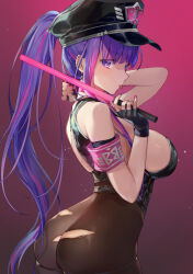 Rule 34 | 1girl, :p, ass, bb (fate), bb (fate/extra), black gloves, black hat, blunt bangs, breasts, brown pantyhose, butt crack, commentary request, cosplay, duplicate, fate/grand order, fate (series), fingerless gloves, fingernails, gloves, gradient background, hat, highres, holding, large breasts, long hair, looking at viewer, nail polish, pantyhose, pink background, pink nails, ponytail, purple eyes, purple hair, sesshouin kiara (swimsuit mooncancer) (cosplay), sessyoin kiara, sessyoin kiara (swimsuit mooncancer), sessyoin kiara (swimsuit mooncancer) (second ascension), sideboob, solo, tongue, tongue out, torn clothes, torn pantyhose, vivi (eve no hakoniwa)