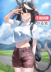 Rule 34 | 1girl, absurdres, ahoge, alternate costume, animal ears, arm behind back, black bag, black hair, blue sky, blurry, blush, breasts, brown shorts, closed mouth, cloud, cloudy sky, colored inner hair, commentary request, cowboy shot, day, depth of field, gawa kawa0320, hand up, highres, horse ears, horse girl, kitasan black (umamusume), large breasts, long hair, looking at viewer, midriff, mountain, multicolored hair, navel, outdoors, shirt, short sleeves, shorts, sky, smile, solo, standing, streaked hair, tail, tied shirt, translation request, umamusume, white hair, white shirt, yellow eyes