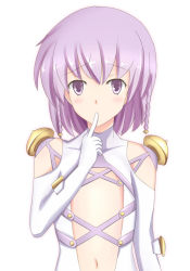 Rule 34 | 1girl, ar tonelico, ar tonelico iii, bare shoulders, blush, bodysuit, braid, female focus, finger to mouth, flat chest, gust, navel, purple eyes, purple hair, shizufa, short hair, simple background, skin tight, solo, tilia (ar tonelico), twin braids, white background