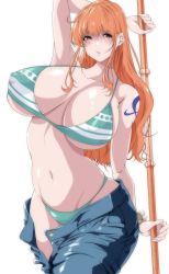 Rule 34 | 1girl, arm behind back, arm behind head, arm up, bare shoulders, bikini, blush, breasts, breasts apart, collarbone, covered erect nipples, denim, green bikini, highres, holding, holding weapon, huge breasts, jeans, long hair, looking at viewer, moriton, nami (one piece), navel, one piece, orange eyes, orange hair, pale skin, panties, pants, partially undressed, polearm, shiny skin, sidelocks, skindentation, solo, striped bikini, striped clothes, swimsuit, swimsuit under clothes, tattoo, underwear, unzipped, weapon, white background