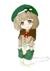 Rule 34 | 1girl, beret, blunt bangs, blush, bow, bow panties, bowtie, brown capelet, brown hair, brown shirt, capelet, clothes pull, crying, daifuku (daifuku kosiann), embarrassed, fang, female focus, flat chest, full body, green eyes, green hat, green panties, green shorts, hat, hat bow, highres, kneeling, long sleeves, nose blush, open fly, open mouth, original, panties, peeing, peeing self, puddle, red bow, red bowtie, shirt, short hair, short shorts, shorts, shorts pull, simple background, skin fang, solo, striped clothes, striped panties, tears, thighhighs, unbuttoned, underwear, wet, wet clothes, wet panties, white background, white thighhighs