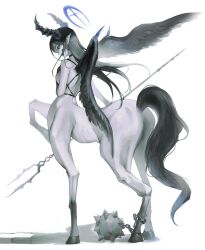 Rule 34 | 1girl, ball and chain restraint, black hair, black sclera, black wings, blue eyes, centaur, colored sclera, commentary, feathered wings, full body, halo, holding, holding polearm, holding weapon, hooves, horns, horse tail, lance, long hair, monster girl, original, pointy ears, polearm, profile, simple background, solo, standing on three legs, symbol-only commentary, tail, taur, weapon, white background, wings, yur1ca