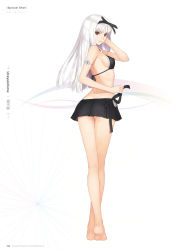Rule 34 | 1girl, back, bare shoulders, barefoot, bikini, bikini skirt, bikini top only, black bikini, blanc neige, breasts, character name, frilled bikini, frills, full body, gem, hairband, highres, jewelry, kneepits, legs together, long hair, long legs, medium breasts, microskirt, non-web source, parted bangs, parted lips, pleated skirt, purple gemstone, red eyes, shining (series), shining tears, sideboob, simple background, skirt, smile, solo, standing, swimsuit, tony taka, white background, white hair