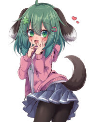 1girl alternate_costume animal_ears black_pantyhose blue_skirt blush casual commentary dog_ears dog_girl dog_tail fang green_eyes green_hair hair_ornament hairclip heart highres hood hoodie kasodani_kyouko long_hair long_sleeves looking_at_viewer open_mouth pantyhose pink_hoodie pink_nails pleated_skirt simple_background siw0n skin_fang skirt smile solo tail touhou white_background zipper_pull_tab